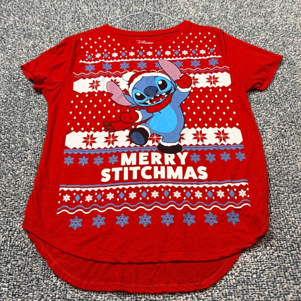 Disney Merry Stitchmas Christmas T-Shirt Red Fair Isle High Low Hem XXL 19